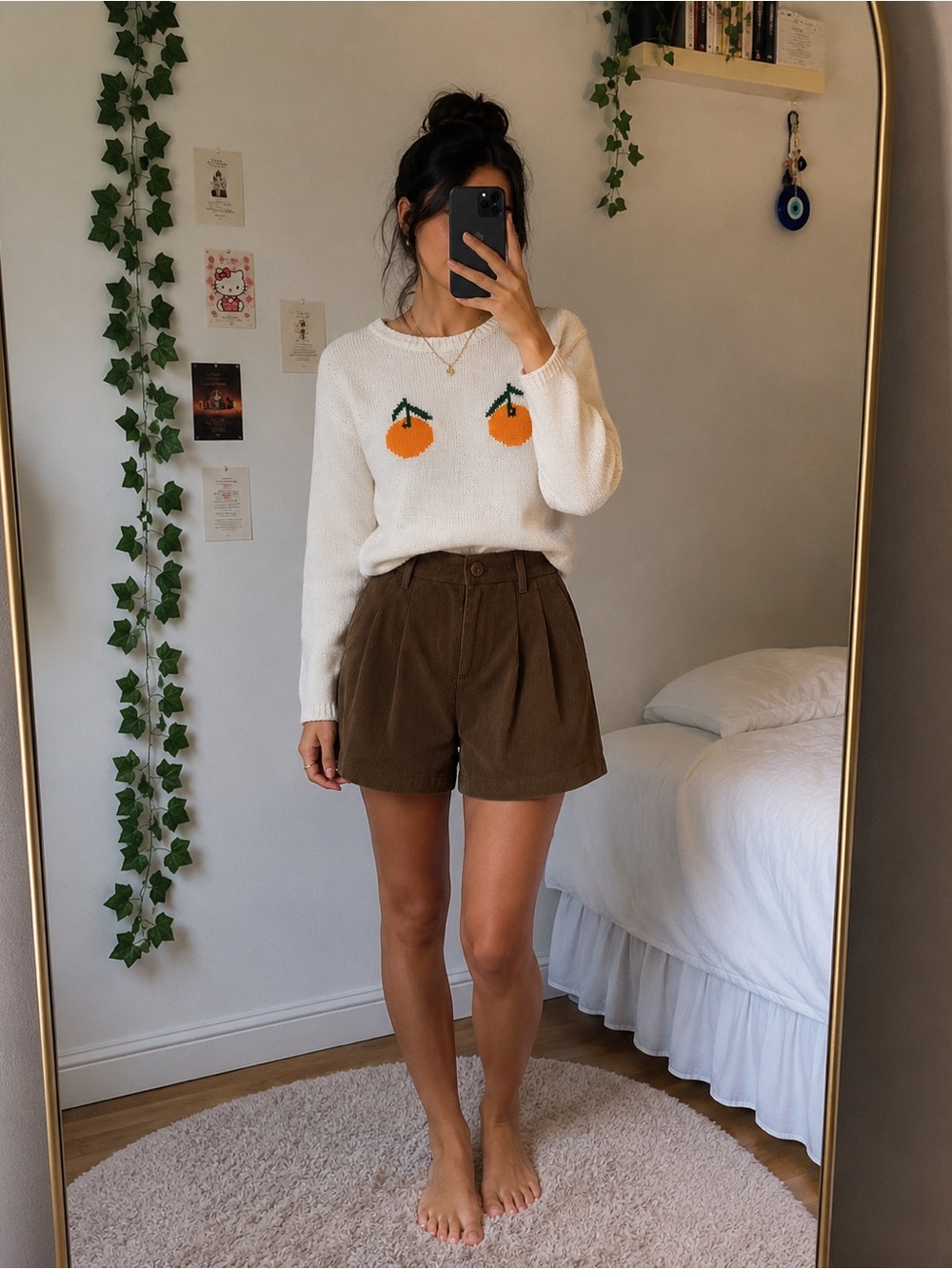 Women's white Knit Sweater with Orange Motif